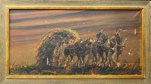 Lot 586 - Four pictures to include harvest scene,...