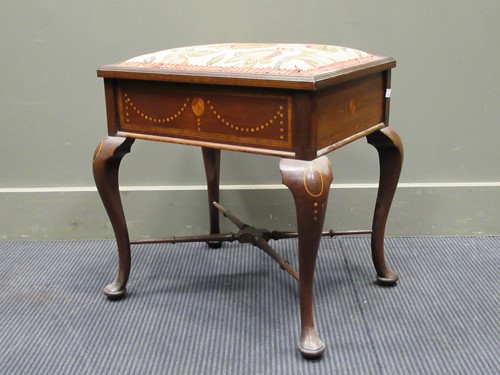 Lot 571 - Inlaid piano stool with floral embriodered...