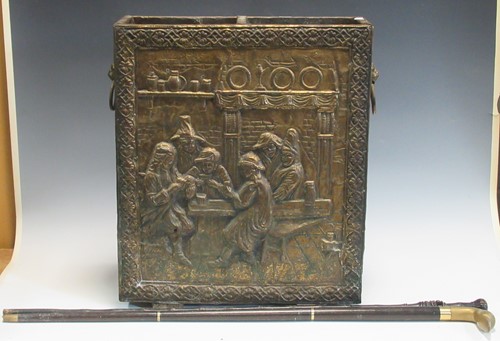 Lot 180 - Brass stick stand with embossed figures