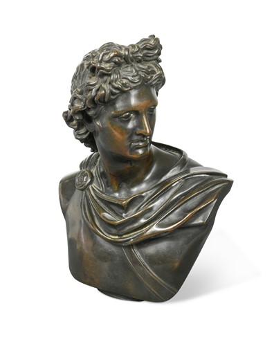 Lot 258 - After the Antique, a grand tour bronze bust of the Apollo Belvedere,  19th century