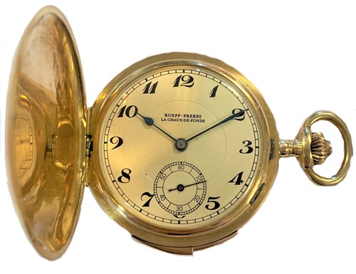 Lot 281 - Rueff Frères - A Swiss 18ct gold minute repeating full hunter pocket watch