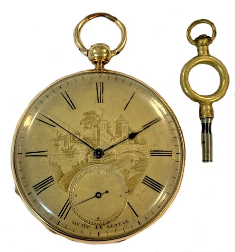 Lot 260 - Girard, Genève - A mid 19th century Swiss 18ct open faced pocket watch with decorative dial
