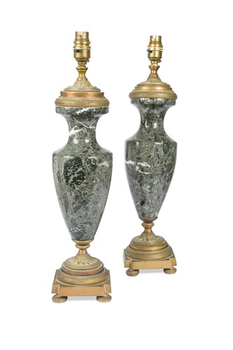 Lot 430 - A pair of green marble table lamps, 20th century
