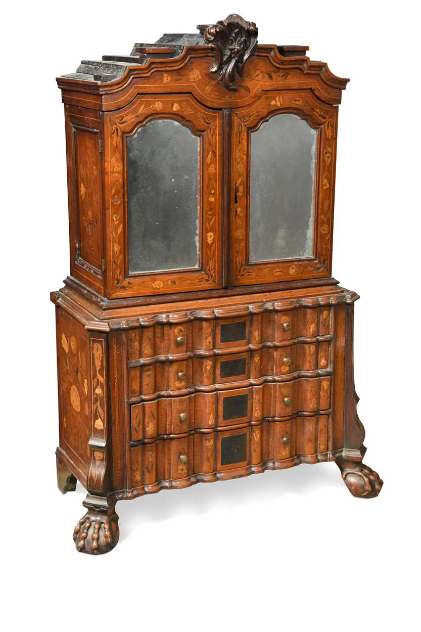 Lot 349 - A miniature Dutch walnut and floral marquetry cabinet on chest, 19th century