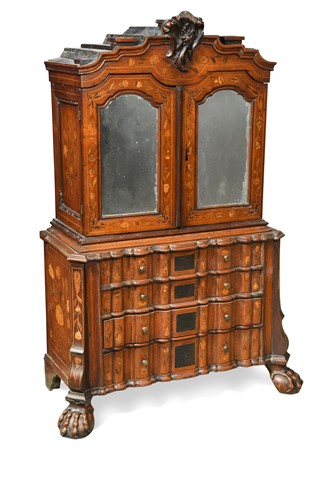 Lot 349 - A miniature Dutch walnut and floral marquetry cabinet on chest, 19th century