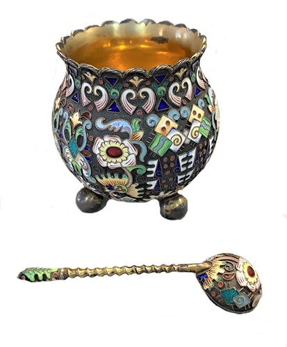 Lot 404 - A large enamelled cauldron salt pot and spoon