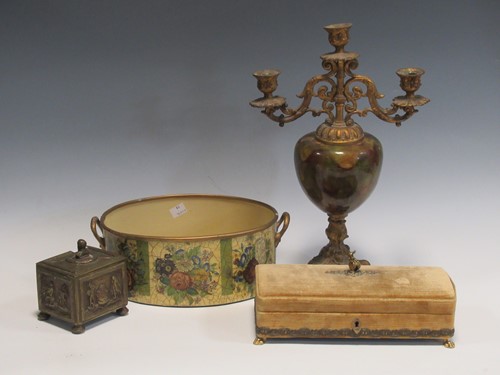 Lot 9 - A brass metal candalabra, brass tobacco box,...