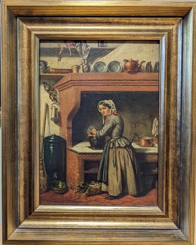 Lot 297 - Interior scene with a lady cooking, signed...