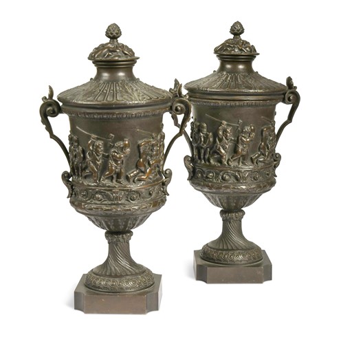 Lot 497 - A pair of French bronze urns and covers, late 19th century