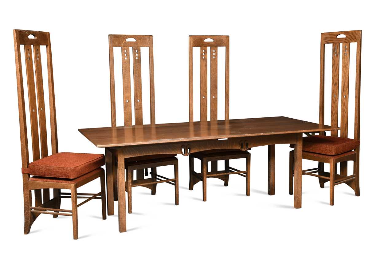 Lot 175 - In the manner of Charles Rennie Mackintosh, a modern oak dining table and four chairs