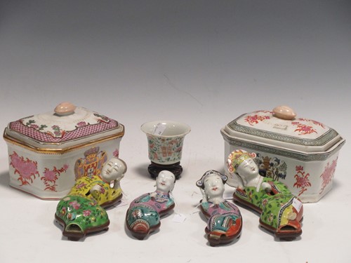 Lot 21 - Four Chinese reclining stoneware figures in...