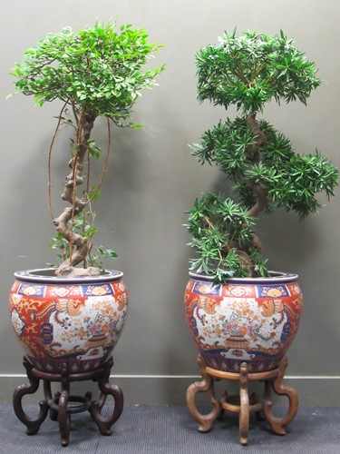 Lot 170 - Two Imari style planters with artificial trees...