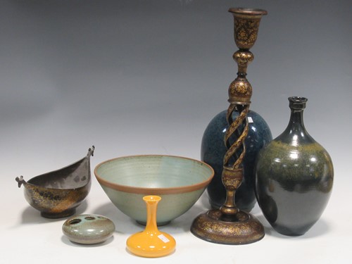 Lot 79 - A Kasmiri candlestick, a shaped bowl, a studio...