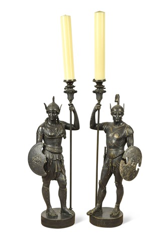 Lot 498 - A pair of spelter figural lamps of Greek warriors