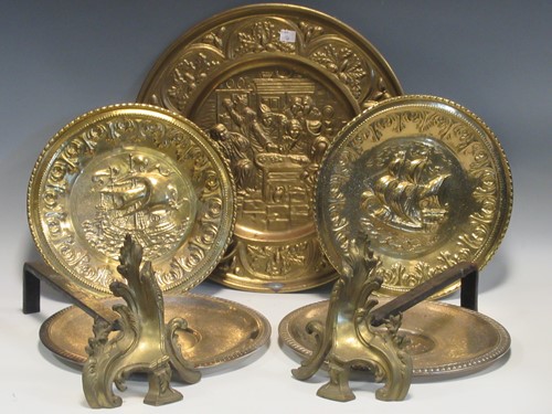 Lot 55 - Five brass and silverplated platters and other...