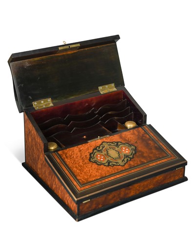 Lot 480 - A Continental brass inalid amboyna writing slope, 19th century