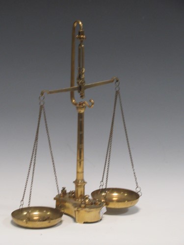 Lot 58 - A set of brass balance scales with cylindrical...