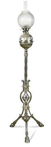 Lot 433 - A plated standard oil lamp on tripod legs, late 19th century