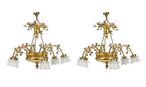 Lot 370 - A pair of six light electroliers, 20th century
