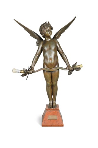 Lot 452 - After Auguste Moreau (French, 1834-1917), an early 20th century patinated spelter lamp entitled ‘Vici’