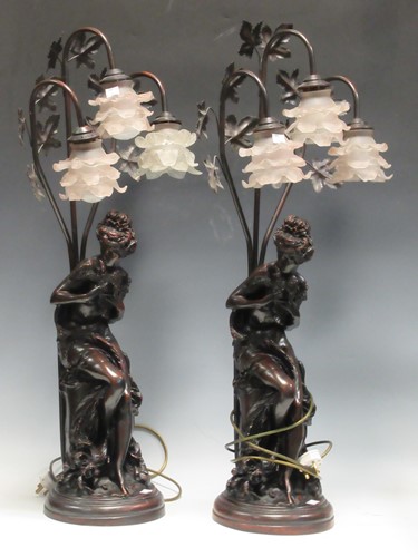 Lot 150 - A pair of modern spelter three light lamps...