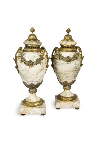 Lot 491 - A pair of white marble and gilt metal urns and covers, 20th century