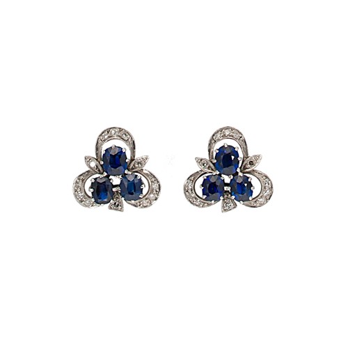 Lot 119 - A pair of sapphire and diamond clover style ear studs