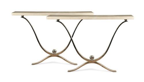 Lot 315 - A pair of chrome and marble console tables