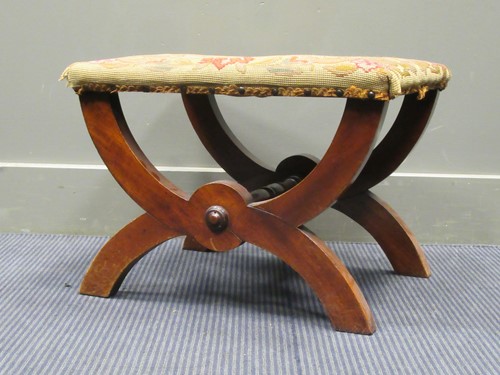 Lot 574 - A Victorian mahogany x-frame stool with floral...