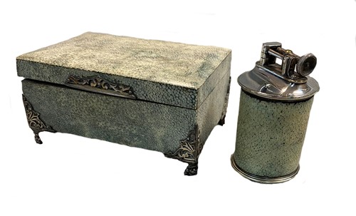 Lot 343 - An early 20th century silver mounted shagreen covered table cigarette box with lighter en suite