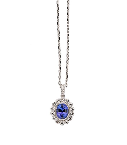 Lot 169 - A tanzanite and diamond cluster pendant and chain