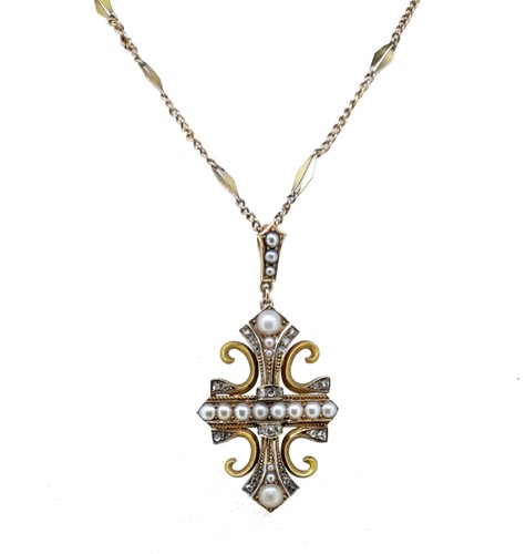 Lot 41 - A Victorian stylised split pearl and diamond cross pendant necklace