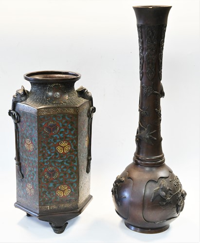 Lot 190 - A Japanese bronze and champleve enamel hexagonal vase, late Meiji, circa 1900