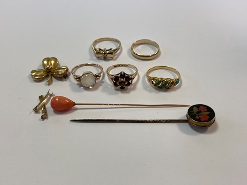 Lot 218 - two stick pins tested as 9ct gold, three...