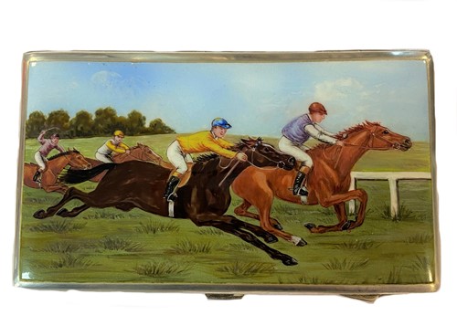 Lot 389 - A George V silver cigarette case with enamelled scene