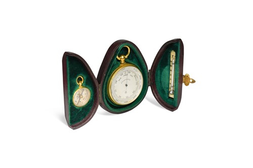 Lot 355 - A gilt metal compensated pocket barometer with compass and thermometer,  19th century
