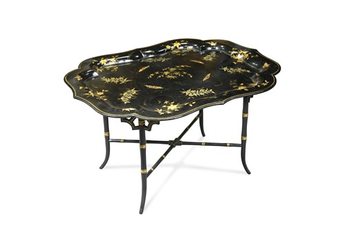 Lot 389 - A papier mâché tray on later stand, 19th century