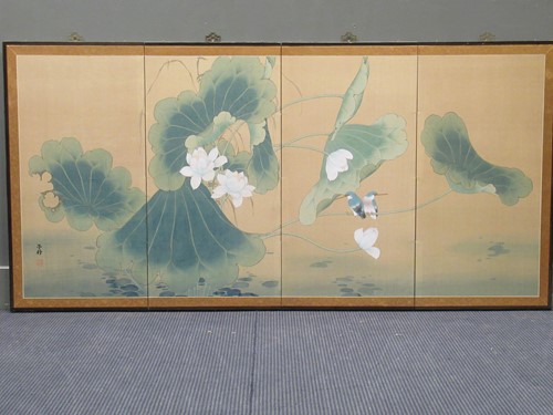 Lot 690 - An oriental four fold silk painted screen...