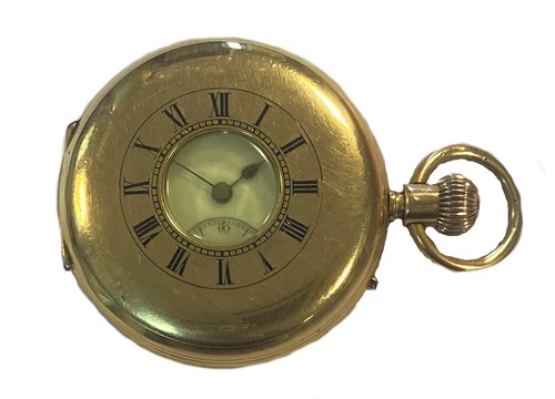 Lot 275 - Unsigned, retailed by Johnson, Walker & Tolhurst, London - An 18ct gold half hunter pocket watch