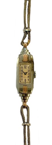 Lot 299 - Longines - An 18ct two colour gold  Art Deco wristwatch on a later 9ct gold bracelet