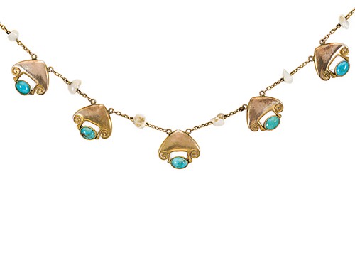 Lot 89 - An Art Nouveau turquoise and pearl necklace together with a turquoise brooch