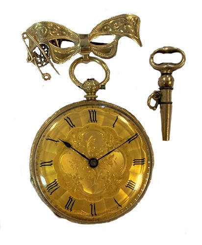 Lot 273 - Badollet Genève - A Swiss open faced pocket watch on a later 9ct gold bow brooch