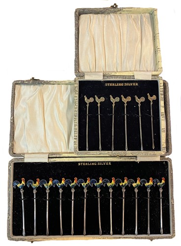 Lot 369 - Two cased sets of silver cocktail sticks