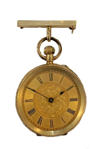 Lot 271 - Unsigned - A Swiss 18ct gold open faced pocket watch on a later 9ct gold bar brooch