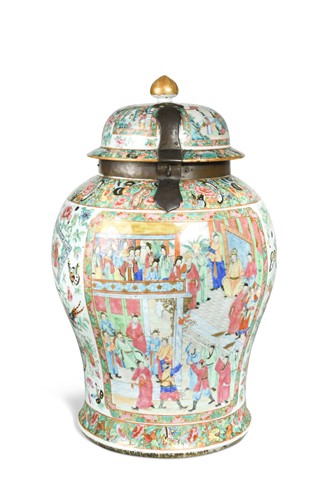 Lot 361 - A large Chinese Cantonese famille rose metal mounted baluster vase and cover, mid-19th century