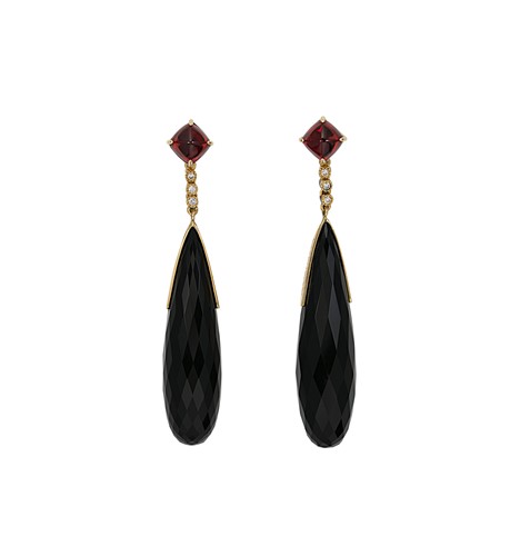 Lot 51 - A pair of onyx, garnet and diamond ear pendants