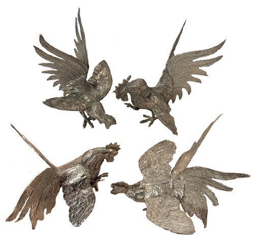 Lot 383 - Two pairs of (probably) German metalwares silver plated cast fighting fantail cocks