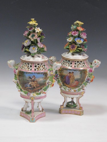 Lot 2 - A pair of Meissen style floral encrusted pot...