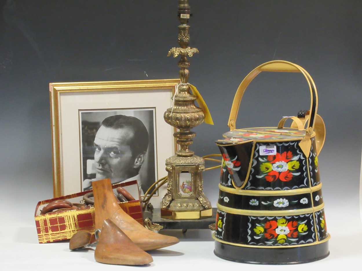 Lot 73 - A gilt metal lamp with ceramic panels together...