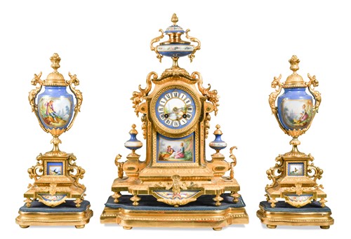 Lot 270A - A French gilt metal and porcelain clock garniture, 19th century